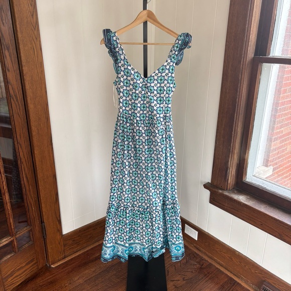 Lucky Brand Dresses & Skirts - Lucky Brand Tiered Cotton Maxi Dress Blue Teal Spanish Tile Floral Womens XS NWT